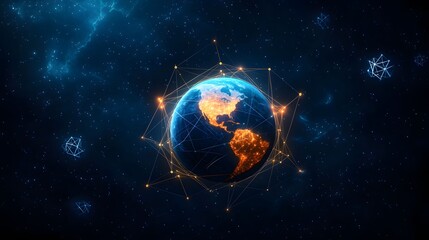 Naklejka premium The image showcases a vibrant, glowing Earth against a backdrop of a deep blue space filled with sparkling stars and geometric shapes, creating a futuristic technology feel.
