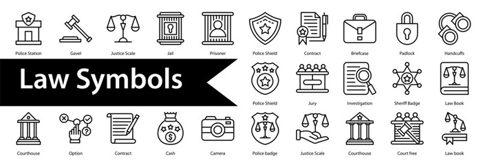 Law Symbols Icon Collection Set. Containing: 

Police Station,Gavel,Justice Scale,Jail,Prisoner,Police Shield,Contract,Briefcase,Padlock,Handcuffs,Police Shield,Jury,Investigation,Sheriff Badge