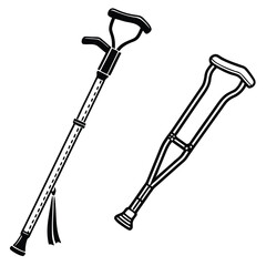 Assistive Devices Black and White Illustration of Crutches and a Walking Cane