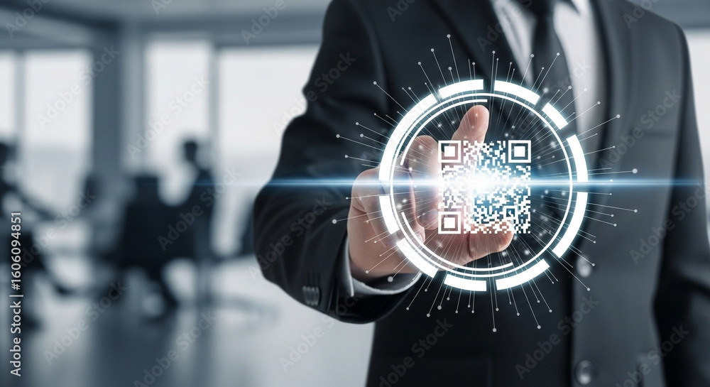 Poster businessman in suit pointing at qr code with futuristic interface in office environment setting