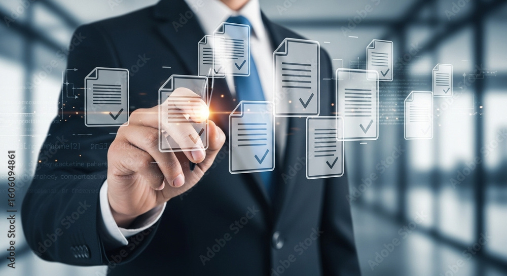 Poster a man in a suit interacting with digital documents with checkmarks in a modern office space