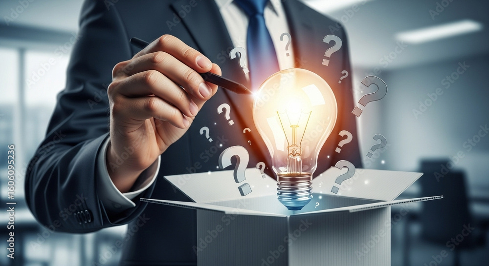 Poster a businessman pointing a pen towards a lightbulb emerging from a box surrounded by questions marks