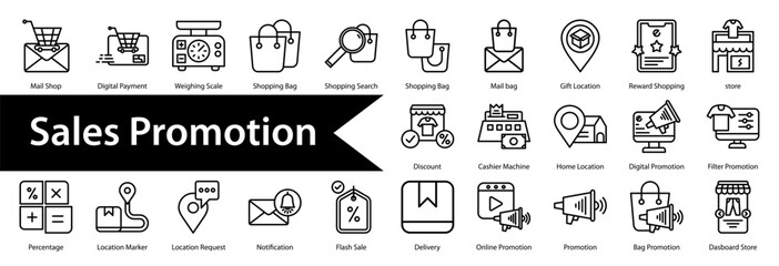 Sales Promotion Icon Collection Set. Containing: Gift Box ,Price Tag,Money,Shopping List,Store,Save Money,Shopping Cart,Ecommerce,Shopping accept,Shopping Bag,Monitoring Shop,Add Shop,Store Options