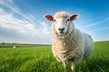Fluffy sheep portrait in green field under blue sky farm animal livestock agriculture rural scenic landscape nature view