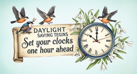 Vintage poster for daylight saving time with birds and snowdrops.
