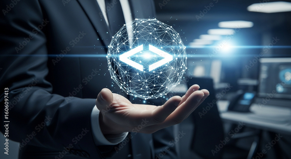 Poster a man in a suit holding a glowing sphere with code symbols in his palm in an office setting