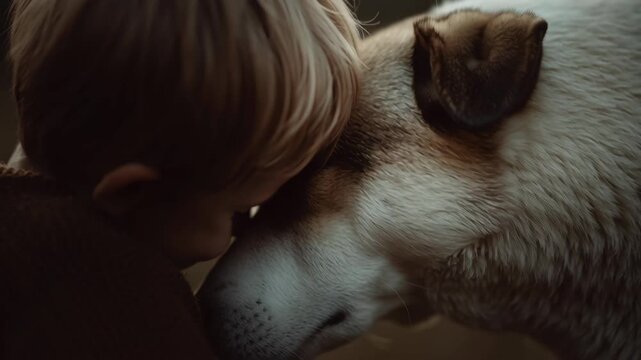 Emotional support pet dog and child share tender moment showcasing deep friendship and bond between animal and human care
