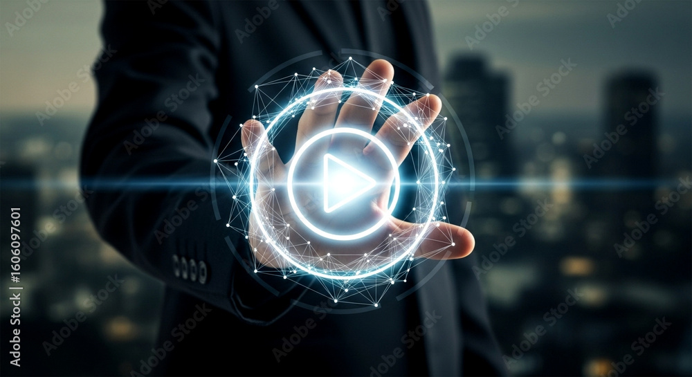 Poster a business person presenting a digital play button with a network overlay on a city background