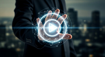 A business person presenting a digital play button with a network overlay on a city background