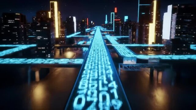 Futuristic cityscape with a glowing blue binary code highway representing data streaming through a smart city's digital network. - Powered by Adobe