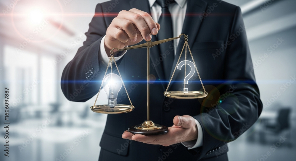 Poster a person in a suit holding a scale with a lightbulb and a question mark balancing on it