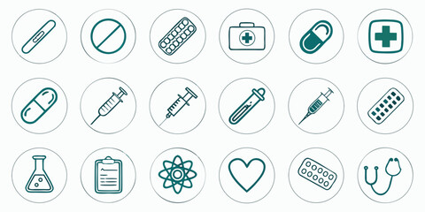 Medical Iconography Displaying Medicine Health and Research Symbols on White Backdrop Depicting Healthcare
