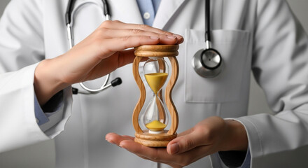 A doctor in a white coat holding an hourglass with yellow sand and a stethoscope around their neck