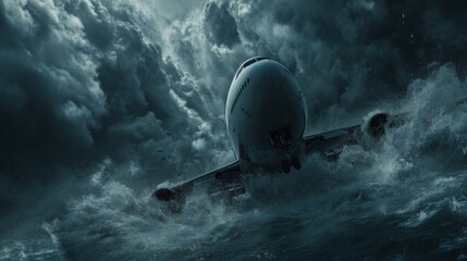 Dramatic scene of large passenger airplane crashing into ocean with nose plunging and massive splash, stormy dark clouds in background, conveying motion and tension during aviation accident near water