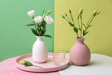 Still life photography of flowers in vases on table with glass and colorful background art design 100