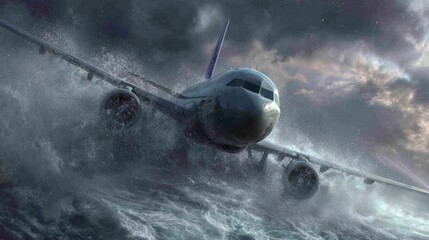Dramatic scene of large passenger airplane crashing into ocean with nose plunging and massive splash, stormy dark clouds in background, conveying motion and tension during aviation accident near water
