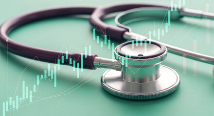 Close up of a stethoscope with financial graph overlayed on a green surface in a studio shot