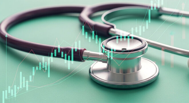 Close up of a stethoscope with financial graph overlayed on a green surface in a studio shot