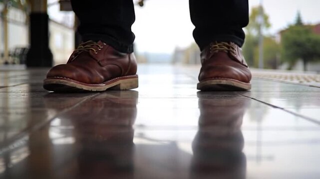 Low-angle shot of brown leather shoes walking on tiled floor at a train platform. Reflections on the shiny surface. Columns and trees are blurred in the background
