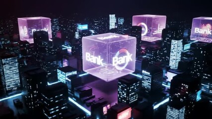 A futuristic cityscape illuminated by neon lights with floating digital bank cubes, symbolizing fintech innovation and virtual finance. - Powered by Adobe