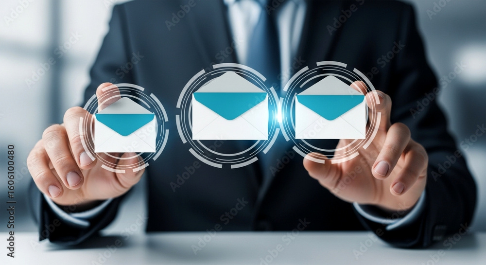 Poster a person in a suit interacting with digital email icons in a technological interface display