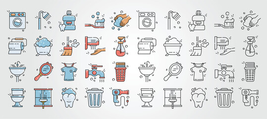 set of Hygiene routine bathroom related icons arranged neatly in a tile pattern promote daily personal cleanliness.