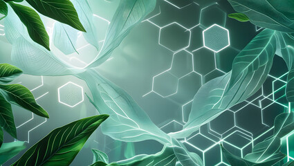 Futuristic Eco-Tech Mesh with Organic Leaf Textures and Glowing Digital Hexagons
