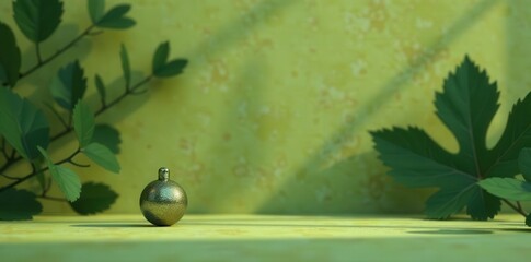 A tiny metallic sphere ornament rests serenely amidst vibrant green foliage, bathed in soft, dappled sunlight.