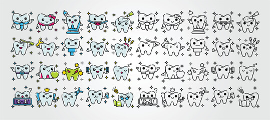 collection of dental icon characters showcase various cartoon teeth expressing activities and emotions in a playful scene.