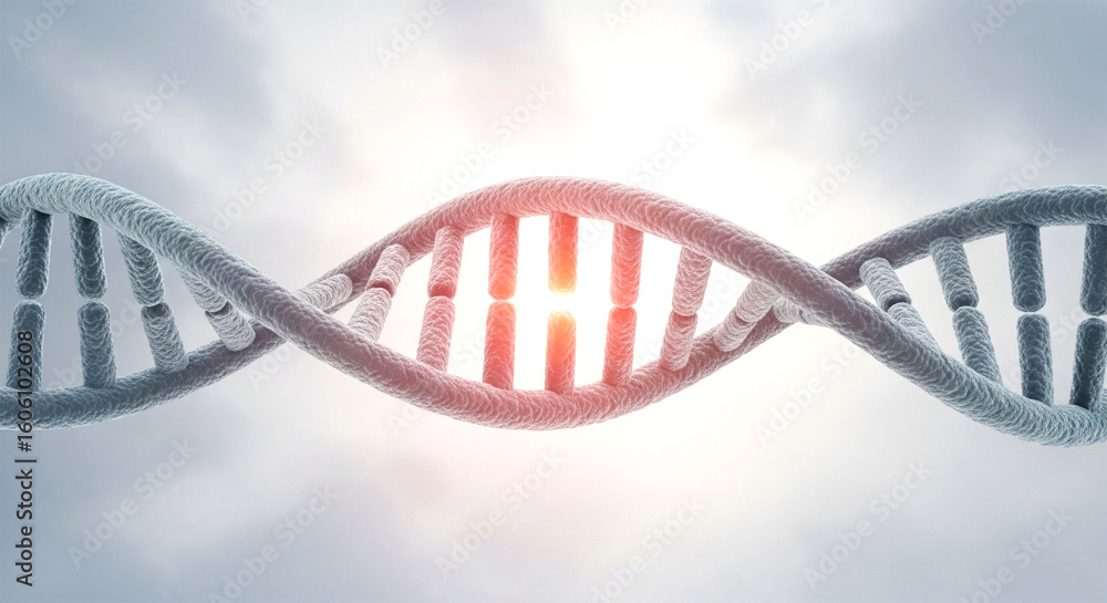 Poster a detailed rendering of a dna double helix structure with a bright light shining through the center