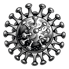 Monochrome Illustration of a Coronavirus Particle with Detailed Line Work and Realistic Texture Depiction