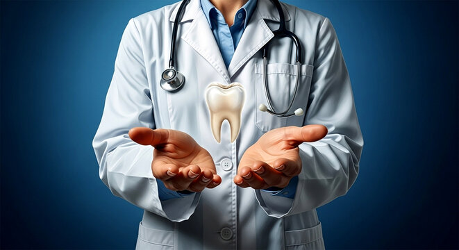 A doctor presenting a tooth with his hands wearing a stethoscope and a white coat on a blue background