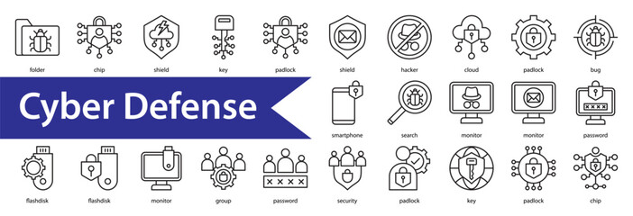 Cyber Defense Icon Collection Set. Containing: 

Hacker,Cloud,Key,Password,Global,Secure,Shield,Hacker,Safe,Antivirus,Chip,Web,Password,Folder,key,lock,key,key,globe,globe,bug,chip,lock,cloud,hacker
