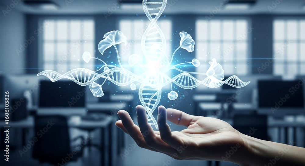 Poster hand holding dna structure with glowing light in a laboratory setting with computers and windows