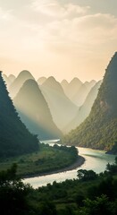 Winding river meanders through a valley of lush hills.