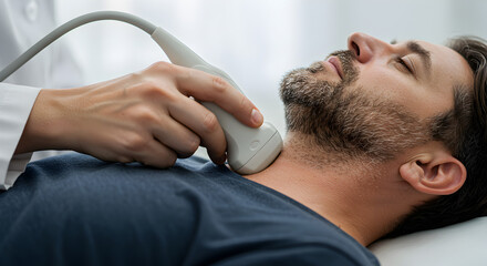 Fototapeta premium Doctor Performing Ultrasound on Man's Neck for Medical Diagnosis in Clinic Setting