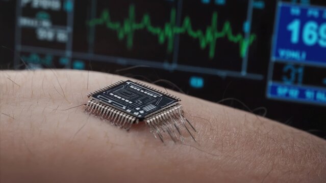 Close-up view of a futuristic biometric chip implanted in the human wrist, highlighting advanced healthcare technology, innovation in digital medical monitoring systems, cybernetic health diagnostics