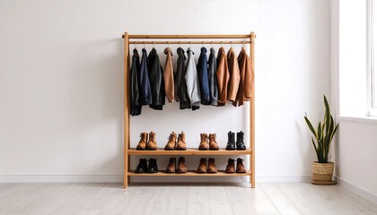Clothes and shoes on a wooden stand