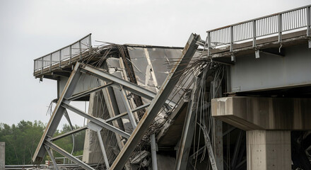 Naklejka premium Collapsed Bridge: A dramatic scene unfolds as a vital bridge crumbles, revealing the raw destructive power of infrastructure failure. A poignant photo showing the devastation of structure.