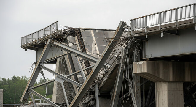 Collapsed Bridge: A dramatic scene unfolds as a vital bridge crumbles, revealing the raw destructive power of infrastructure failure. A poignant photo showing the devastation of structure.