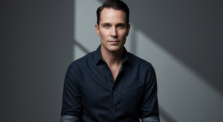 Fototapeta premium Confident man posing in professional studio portrait with modern lighting style