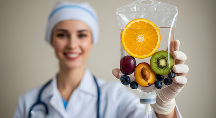 Female Doctor Holding Vitamin IV Bag with Fresh Colorful Fruits Promoting Health and Wellness in a Clinic Setting Against Neutral Backdrop