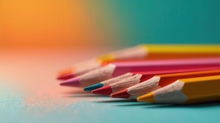 A vibrant close-up showcasing a row of sharpened colored pencils, arranged in a captivating gradient of hues against a softly blurred background, hinting at creativity and artistic potential.