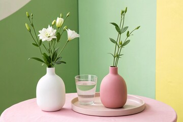 Still life photography of flower vases on pink table against colorful background home decor aesthetic 100
