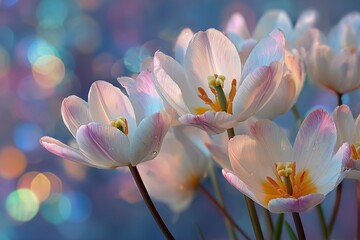 White tulips with pastel bokeh background