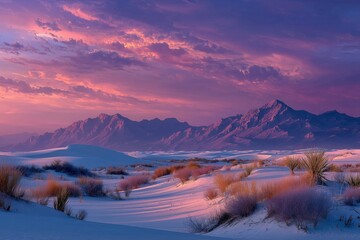 White sand dunes at sunset with pink and purple sky