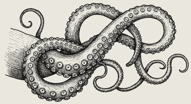 Intricate vintage octopus tentacles drawing with detailed suckers illustration