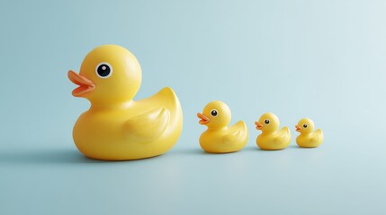 This image shows a big yellow rubber duck and three small ones lined up on a light blue background, representing a cute toy scene.