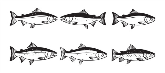 Icons representing salmon fish, featuring both sea saltwater humpback and freshwater river pink salmon or trout species. Isolated symbols ideal for a seafood restaurant.

