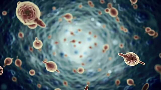 Budding microscopic cells amidst blue, textured background